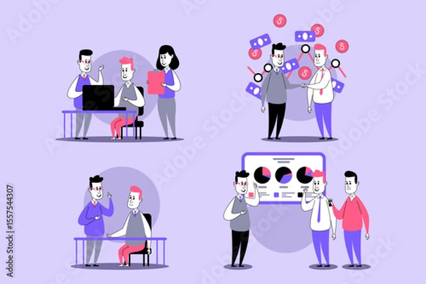 Obraz Vibrant illustration of diverse individuals collaborating in various scenarios. They engaged in discussions, examining data on screens, and sharing ideas. Effective teamwork concept