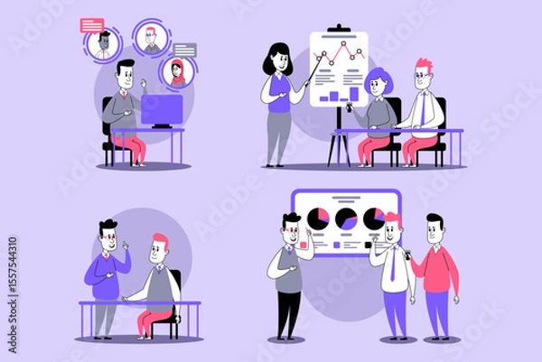 Obraz Group of professionals engaged in various activities including discussions, presentations, and data analysis. Teamwork and project outcomes in modern office setting