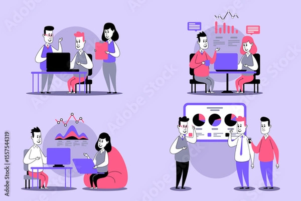 Obraz Diverse group of people engaged in various collaborative activities in modern workspace. People using digital devices and discussing ideas. Teamwork and productivity concept