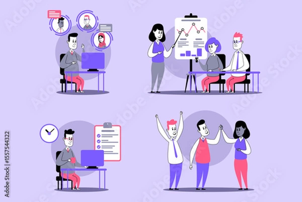 Obraz Individuals engaged in various activities demonstrating teamwork in contemporary office. They analyzing data, holding discussions, and celebrating achievements in vibrant setting