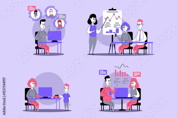 Obraz Teams engaged in discussions and presentations in contemporary setting. Video calls, data analysis, and collaborative planning. Teamwork and creativity concept
