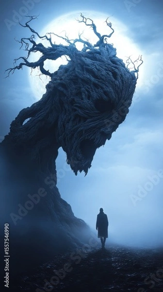 Obraz Mysterious figure confronts monstrous tree under a full moon