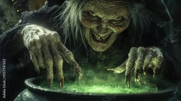 Obraz Elderly witch making potion in a dark cauldron