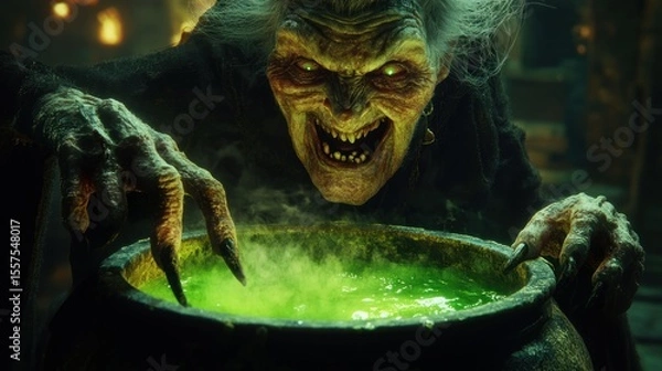 Obraz Witch stirring a potion in a cauldron