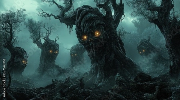 Obraz Glowing eyes trees in dark forest
