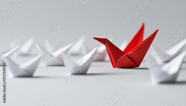 Obraz Red origami bird among a group of white paper birds on a light background, symbolizing individuality and leadership