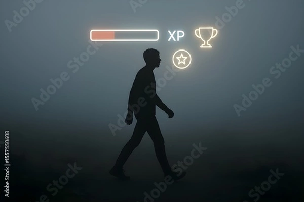 Fototapeta Floating Health Bar and XP Gauge Above Walking Human for UI Design, Presentations, and Gamification of Life Concepts

