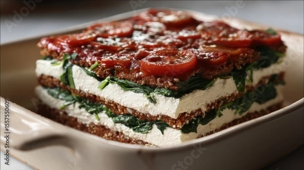 Fototapeta Layered Vegetable and Cheese Pastry Dish on White Serving Plate