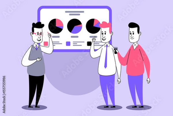 Obraz Three animated characters analyzing business data displayed on large screen. Teamwork and collaboration in casual office setting concept