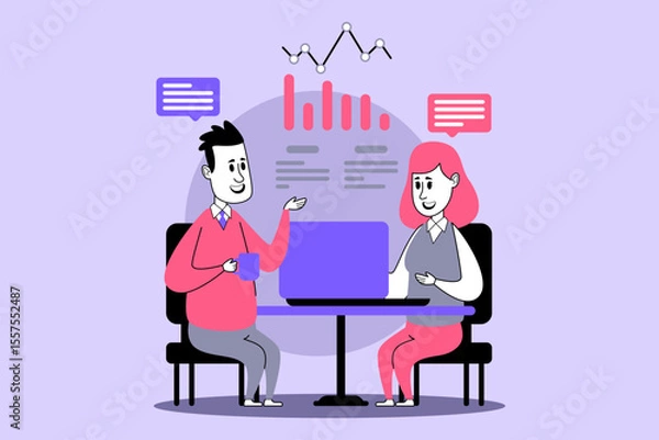 Obraz Two professionals engaged in conversation at table. Man holding cup while discussing data represented by graphs and charts on laptop screen