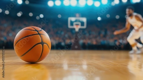 Fototapeta A basketball sits on a polished court with players and a hoop blurred in the background under bright arena lights.