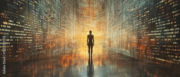 Obraz Person standing in a digital binary tunnel