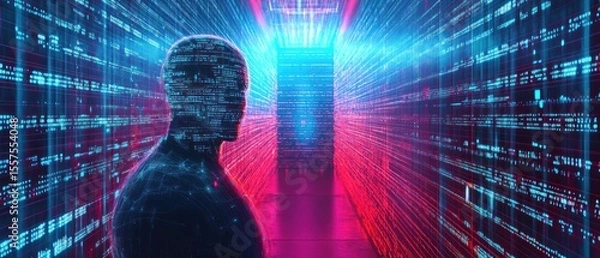 Obraz Digital data stream with person silhouette
