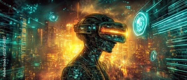 Obraz Vr experience in a futuristic city at night