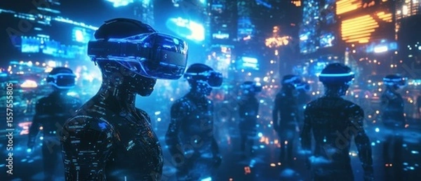 Obraz Futuristic robots experiencing virtual reality in a city at night