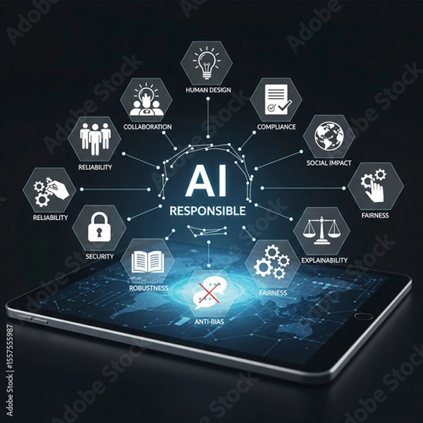 Obraz Responsible AI Principles and Ethical Development - Hexagon Network Illustrating Compliance, Security, Fairness, and Human Design