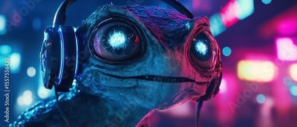 Obraz Futuristic frog in headphones enjoying the night