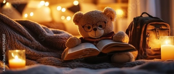 Obraz Teddy bear reading a book at night