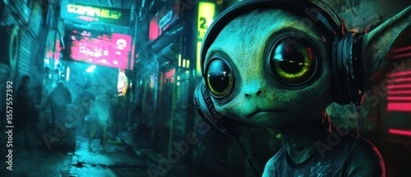 Obraz Alien creature enjoying music in a neon lit urban alley