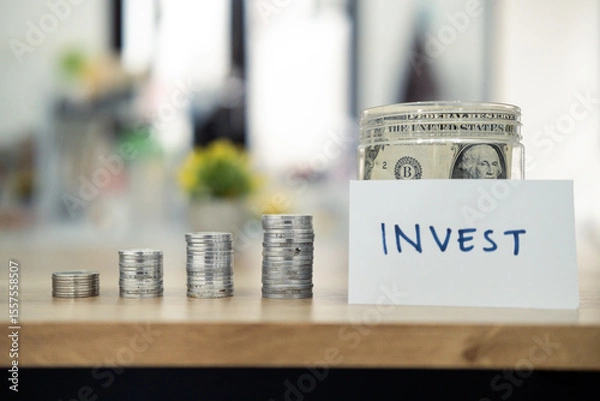 Fototapeta Coins grouped by size with a labeled jar displaying savings and investments, emphasizing growth and financial planning.