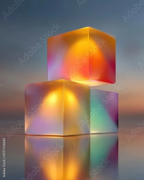 Fototapeta Transparent stacked cubes glow with vibrant, warm internal light