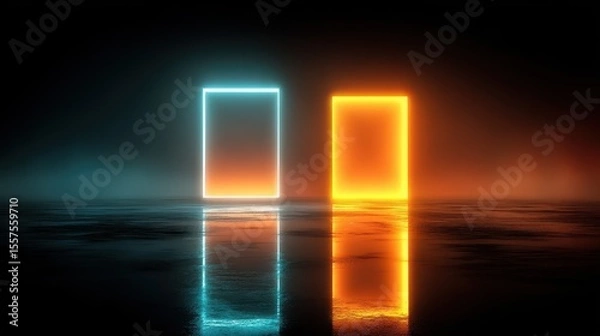 Fototapeta Two glowing rectangles on a wet reflective surface, hazy background
