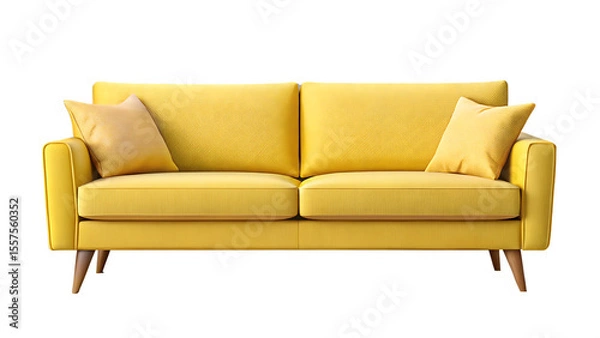 Fototapeta A bright yellow two-seater sofa with two pillows on a black background yellow sofa two seater sofa