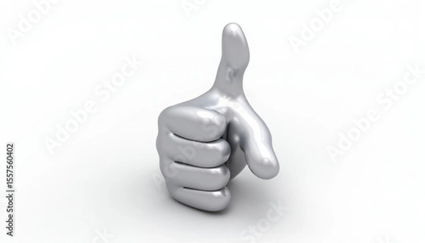 Fototapeta Polished metallic 3d hand rendering showing positive approval gesture on plain background