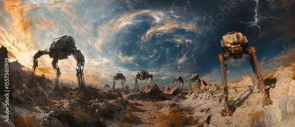 Obraz Futuristic robots in a desolate desert landscape