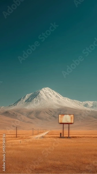 Fototapeta Vast landscape with mountain, empty sign, and golden grass