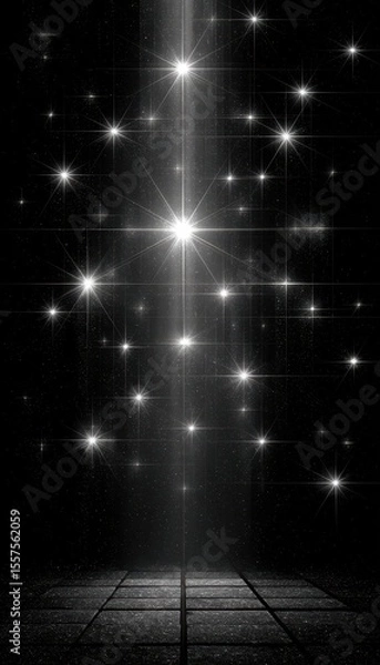 Fototapeta Vertical bright light amidst many twinkling stars on a dark scene