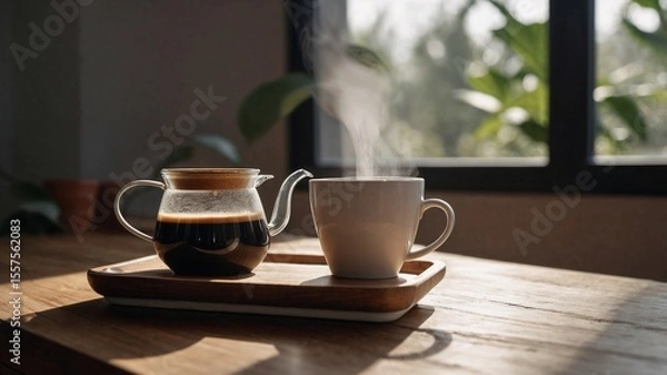 Fototapeta Steaming Coffee and Pot by Window