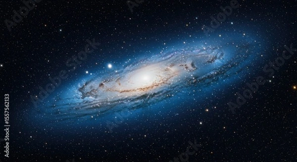 Fototapeta A breathtaking view of a spiral galaxy, swirling arms of light and dust against a dark, star-studded backdrop.