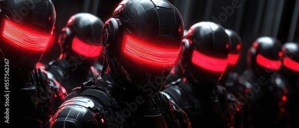 Obraz Futuristic robots in formation with red glowing lights