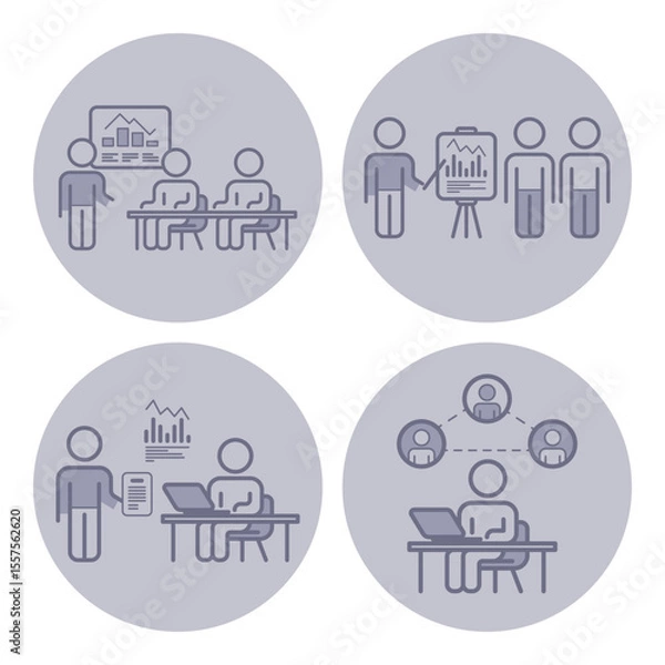 Obraz Icon collection of various business activities, including presentations, teamwork, report analysis, and remote collaboration, highlighting modern work dynamics