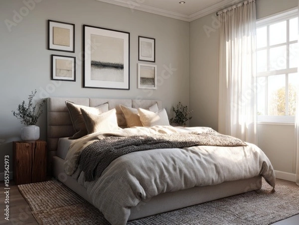 Fototapeta A bed with a white comforter and pillows. A window is visible in the background