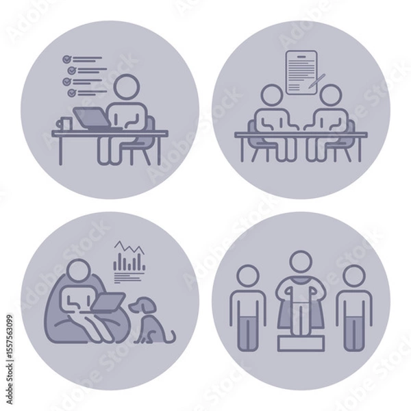 Obraz Set of icons depicting multiple work-related activities including individual at desk, group discussions, data analysis, and person with dog