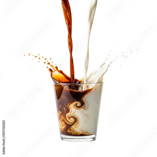 Obraz Close up of milk and coffee poured into a glass isolated on a transparent background