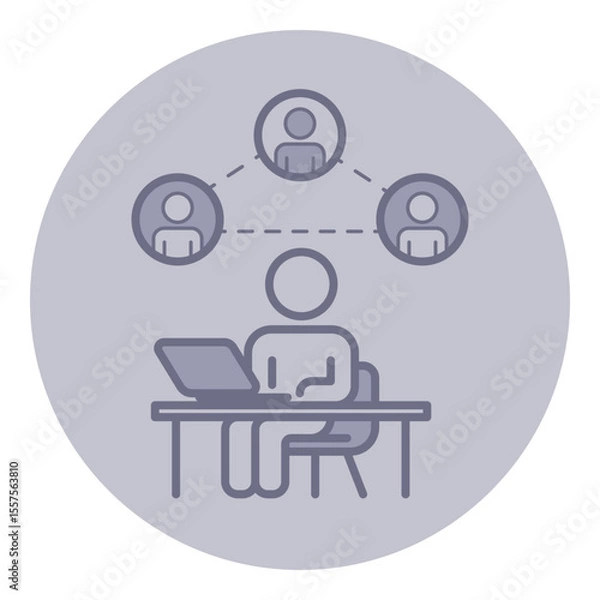 Obraz Person sitting at desk using laptop to connect with others online. Three icons representing individuals linked through digital network. Modern approach to communication concept