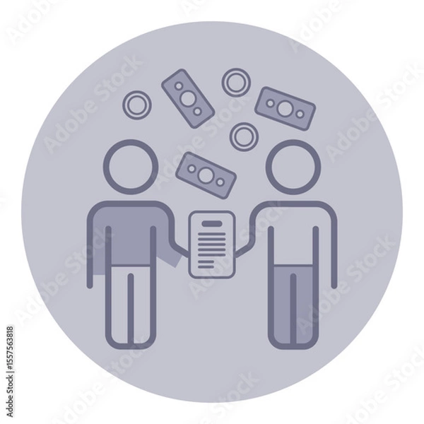 Obraz Two figures engaged in transaction, shaking hands while surrounded by various currency symbols and documents. Concept of business exchange and partnership