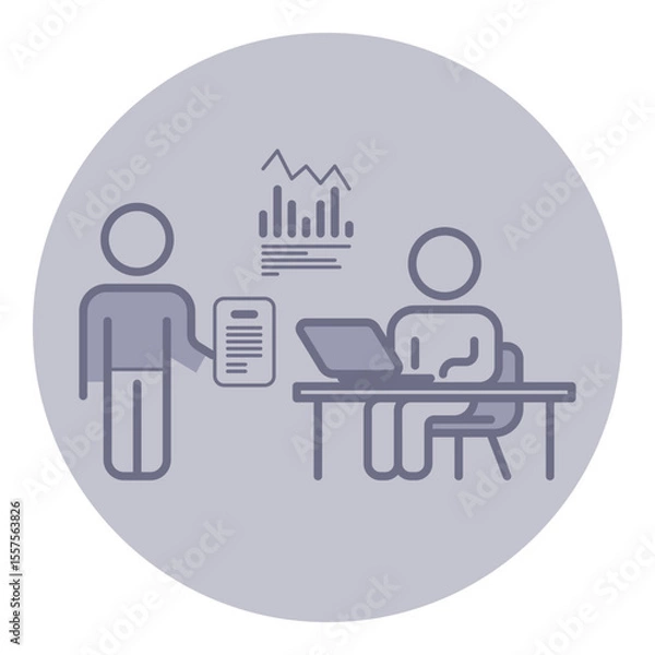 Obraz One person handing over document to another person seated at desk with laptop. Graphs indicating professional work environment focused on data analysis