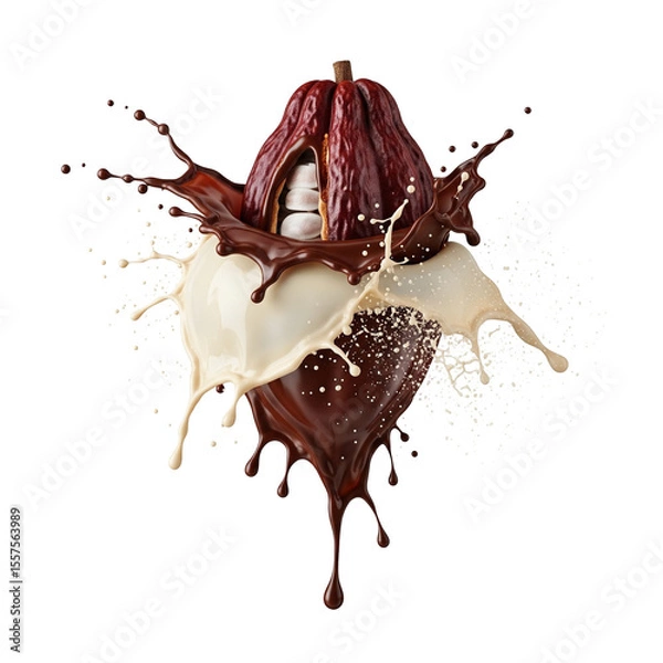 Obraz Cocoa beans with milk and chocolate are splashed isolated on transparent background