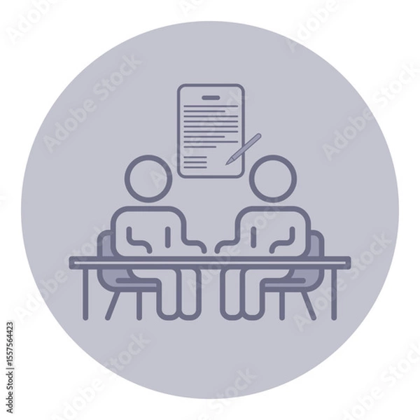 Obraz Two simplified figures seated at table, engaging in discussion. Document with writing above suggesting focused collaboration or meeting setting