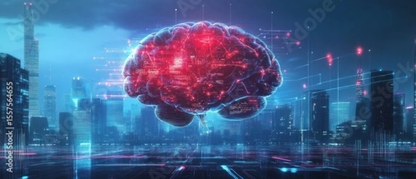 Obraz Digital brain over a futuristic city