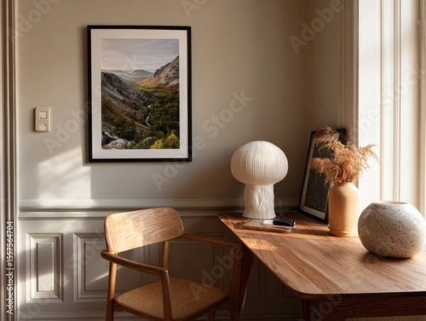 Fototapeta A framed picture of a mountain landscape hangs on a wall. A desk with a lamp and a vase of flowers sits in front of the picture
