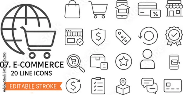 Obraz A comprehensive collection of 20 editable stroke line icons representing various aspects of e commerce and online shopping for digital use