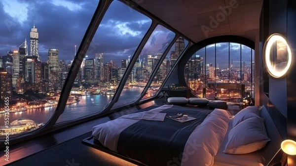 Obraz Panoramic city view from a modern bedroom at night