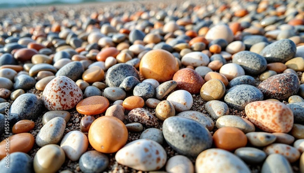 Fototapeta Close-up image of colorful pebbles on a sandy beach, perfect for backgrounds or textures