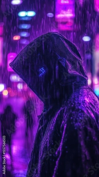 Obraz Person in a hooded jacket during a rainy night