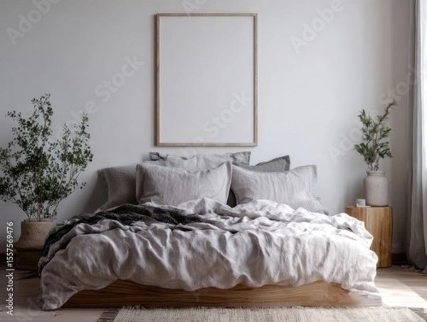 Fototapeta A bed with a white frame and a white bedspread. A vase with a plant on the bed